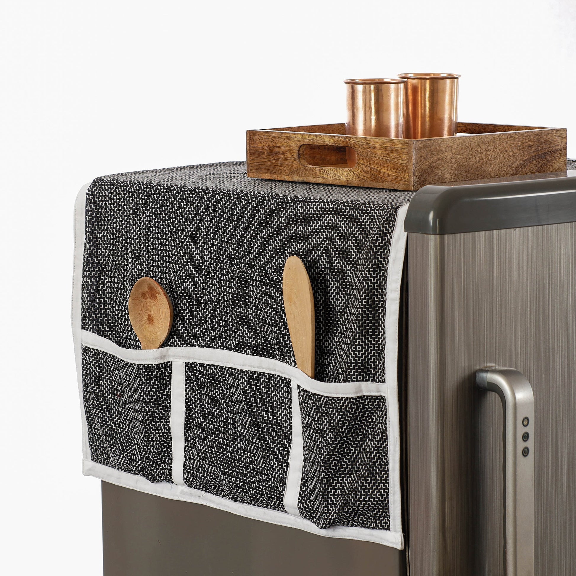 Black - Jacquard Cotton Fridge Top Cover with Multiple Pockets