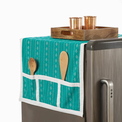 Blue - Jacquard Cotton Fridge Top Cover with Multiple Pockets