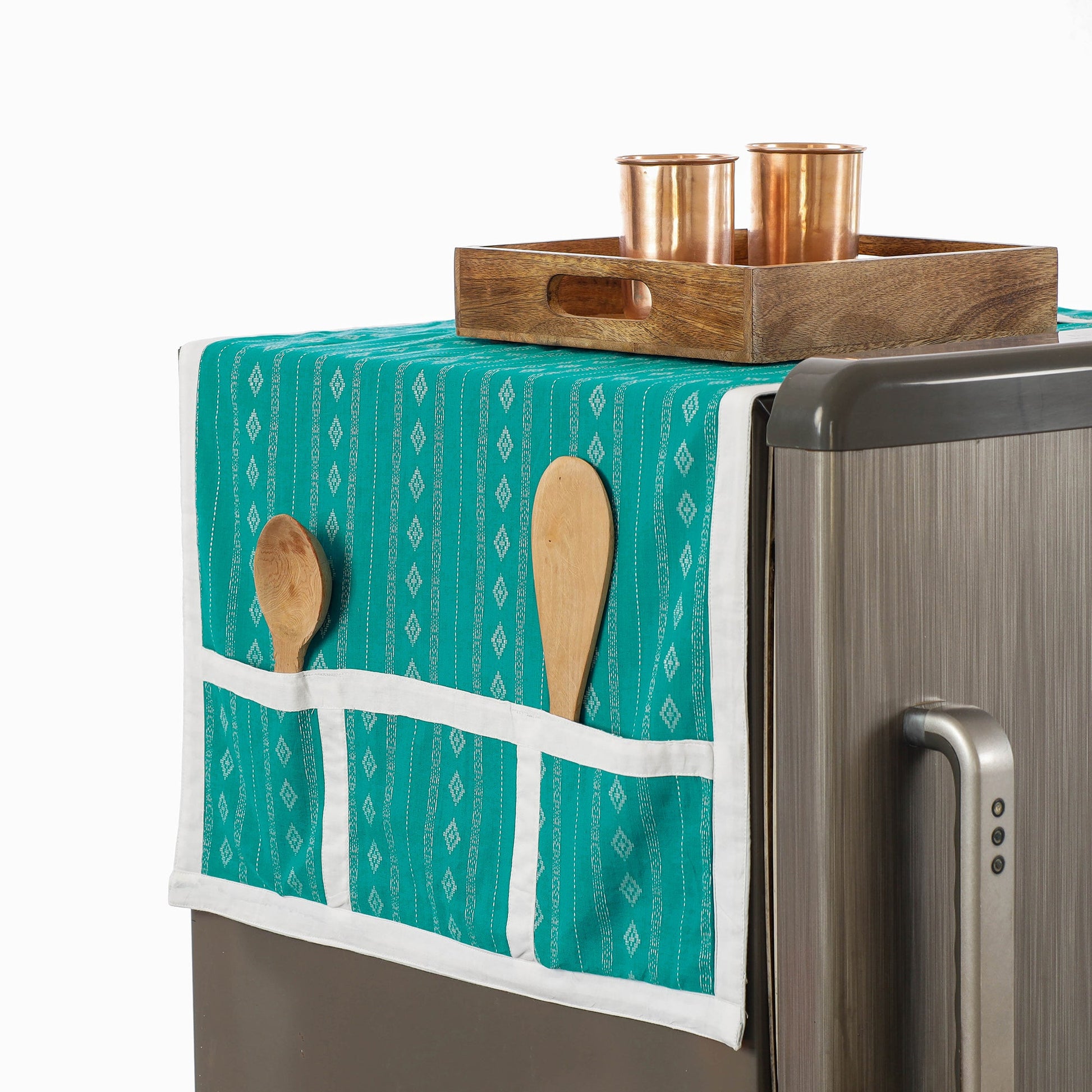 Blue - Jacquard Cotton Fridge Top Cover with Multiple Pockets