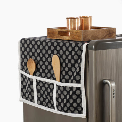 Black - Jacquard Cotton Fridge Top Cover with Multiple Pockets
