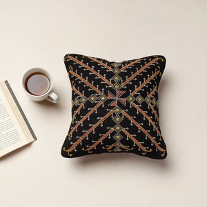 Black - Kala Raksha Jat Hand Embroidery Cotton Cushion Cover (12 x 12 in)