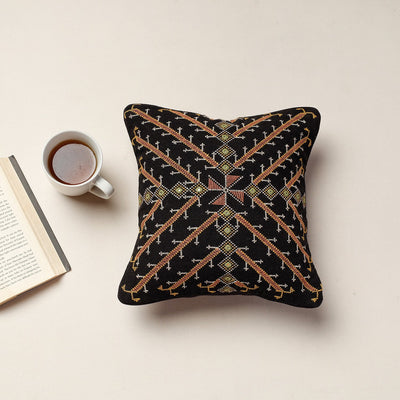 Black - Kala Raksha Jat Hand Embroidery Cotton Cushion Cover (12 x 12 in)