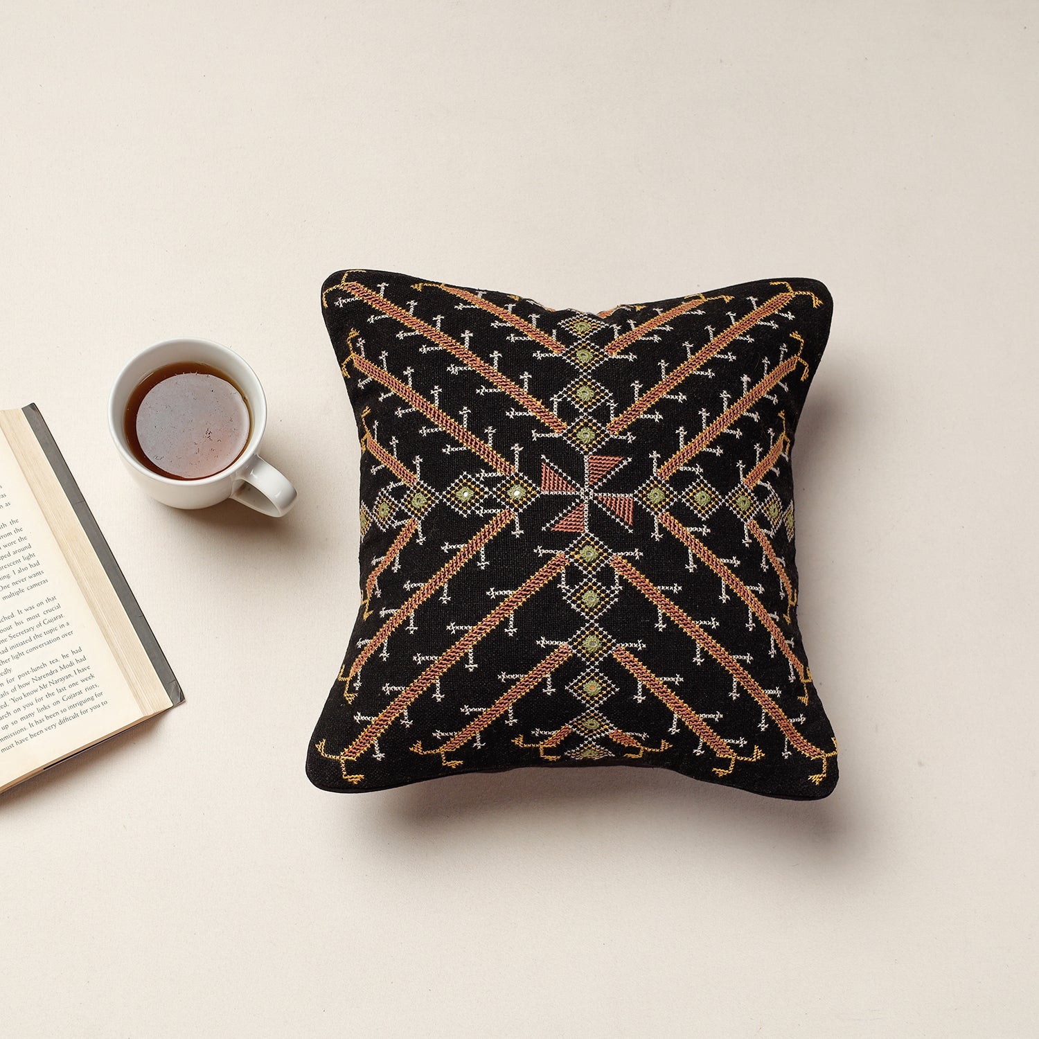 Black - Kala Raksha Jat Hand Embroidery Cotton Cushion Cover (12 x 12 in)
