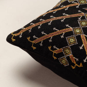 Black - Kala Raksha Jat Hand Embroidery Cotton Cushion Cover (12 x 12 in)