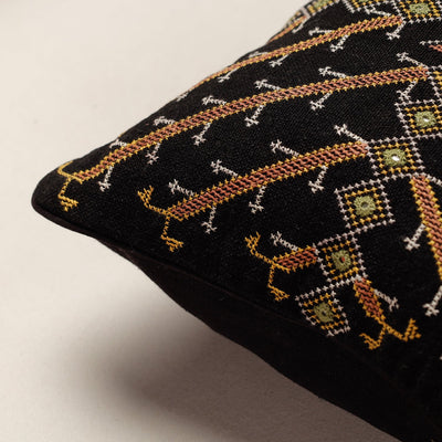 Black - Kala Raksha Jat Hand Embroidery Cotton Cushion Cover (12 x 12 in)