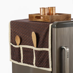 Brown - Ajrakh Block Printing Cotton Fridge Top Cover with Multiple Pockets