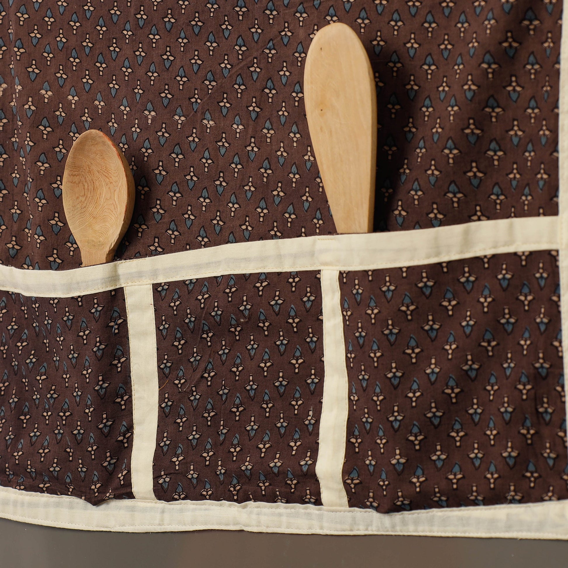 Brown - Ajrakh Block Printing Cotton Fridge Top Cover with Multiple Pockets
