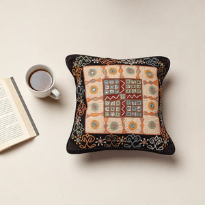 Black - Kala Raksha Rabari Hand Embroidery Cotton Cushion Cover (12 x 12 in)