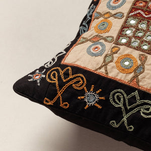 Black - Kala Raksha Rabari Hand Embroidery Cotton Cushion Cover (12 x 12 in)