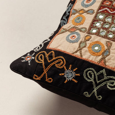 Black - Kala Raksha Rabari Hand Embroidery Cotton Cushion Cover (12 x 12 in)