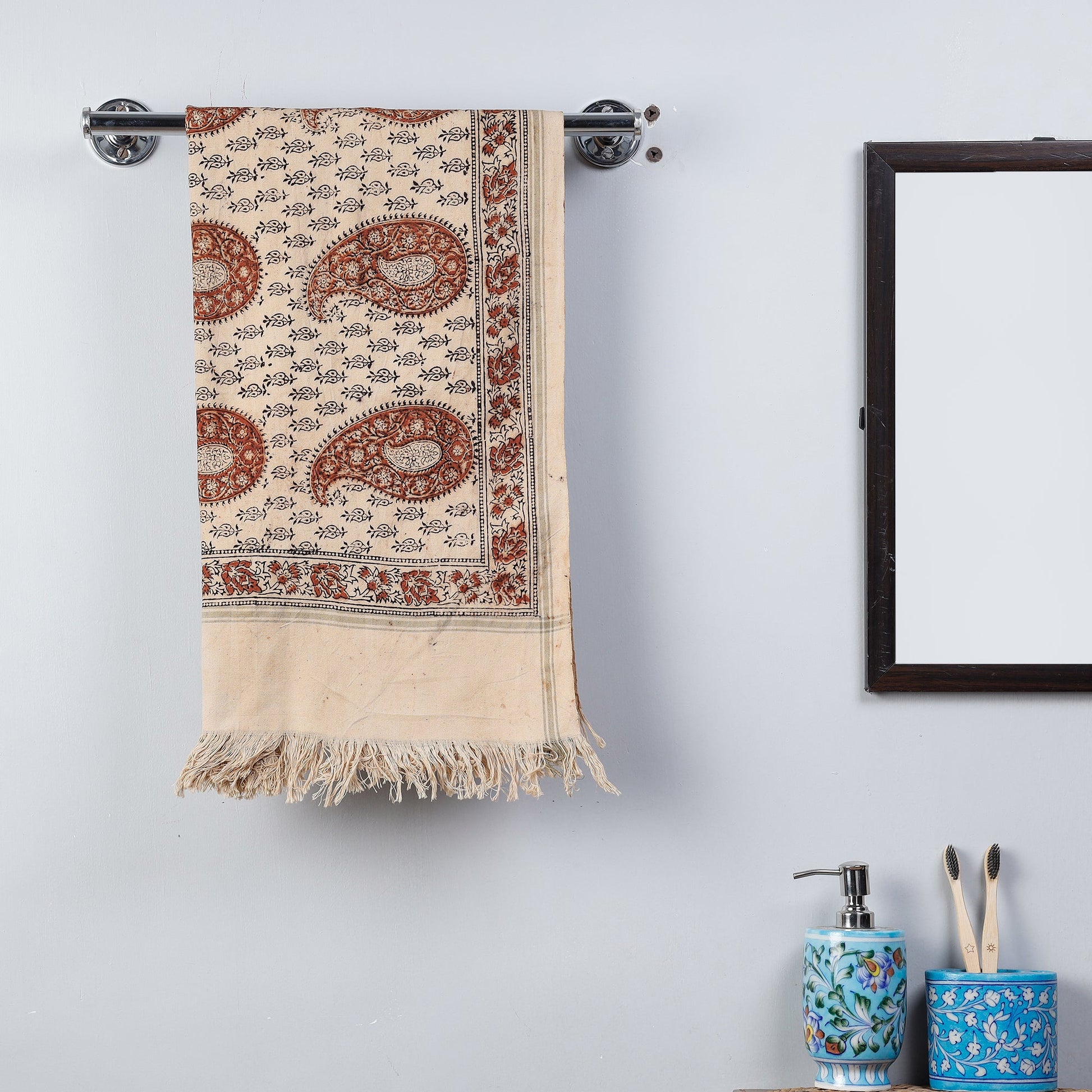 Beige - Pedana Kalamkari Block Printed Handloom Cotton Towel