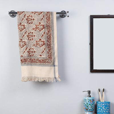 Beige - Pedana Kalamkari Block Printed Handloom Cotton Towel