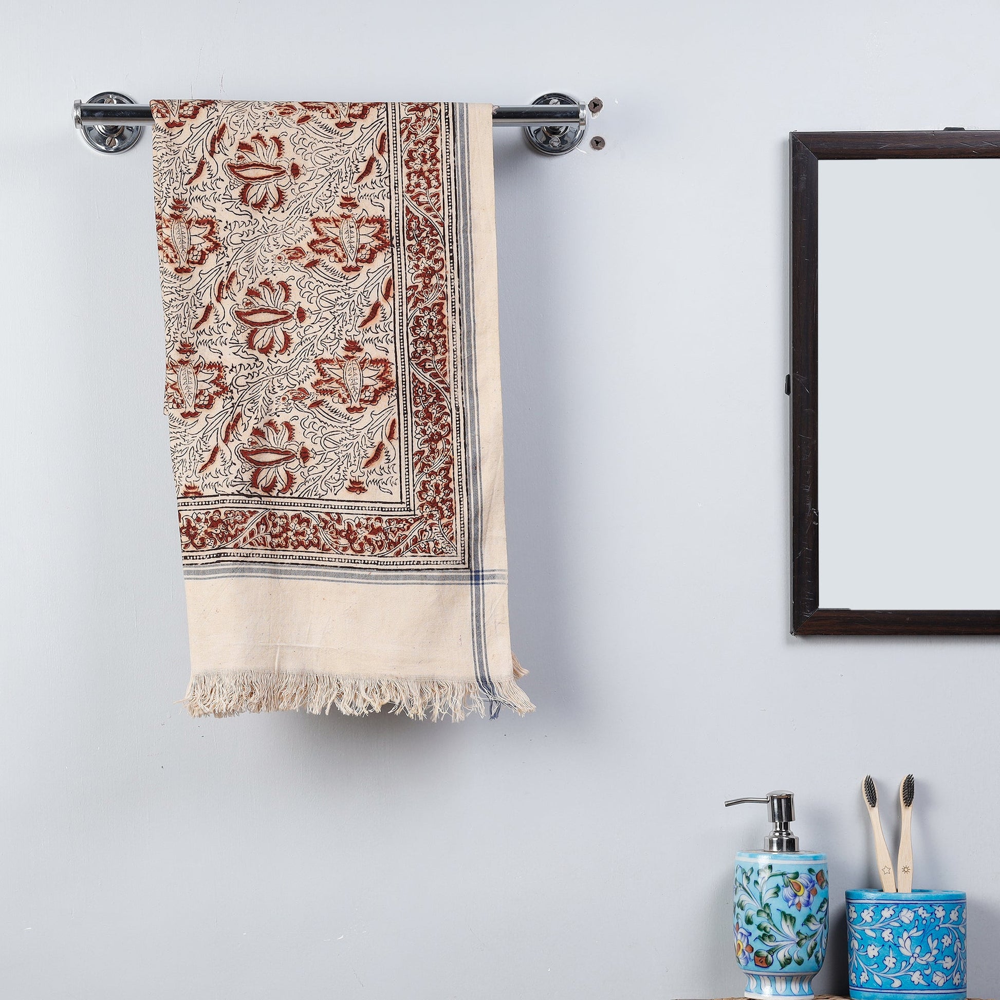 Beige - Pedana Kalamkari Block Printed Handloom Cotton Towel