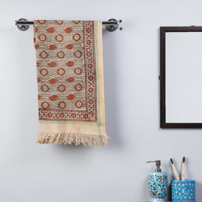 Beige - Pedana Kalamkari Block Printed Handloom Cotton Towel