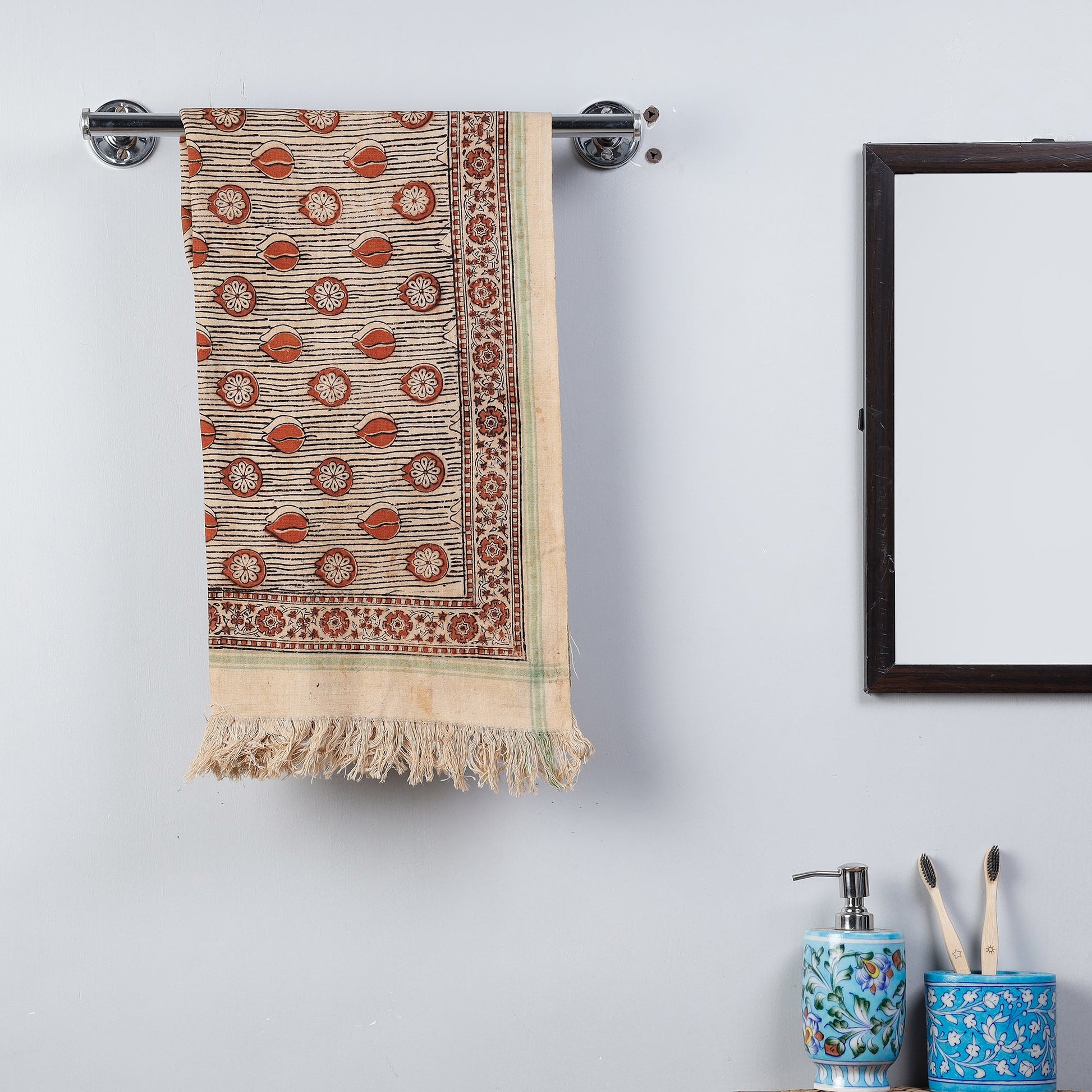 Beige - Pedana Kalamkari Block Printed Handloom Cotton Towel