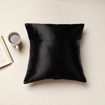 Black - Kutch Pakko Hand Embroidery Mashru Silk Cushion Cover (16 x 16 in)