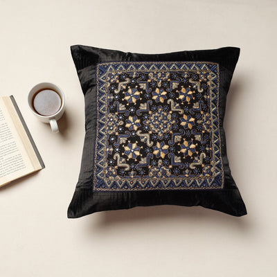 Black - Kutch Pakko Hand Embroidery Mashru Silk Cushion Cover (16 x 16 in)