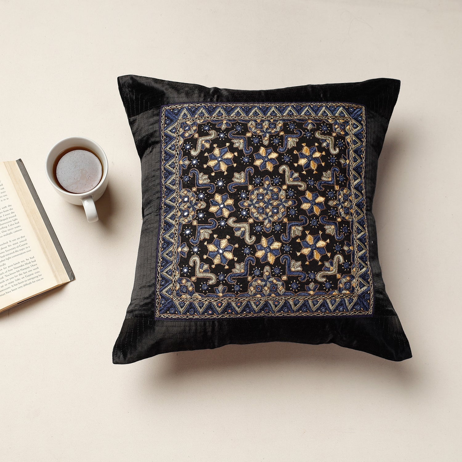Black - Kutch Pakko Hand Embroidery Mashru Silk Cushion Cover (16 x 16 in)