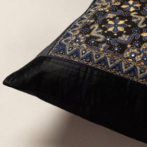Black - Kutch Pakko Hand Embroidery Mashru Silk Cushion Cover (16 x 16 in)