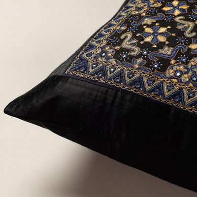 Black - Kutch Pakko Hand Embroidery Mashru Silk Cushion Cover (16 x 16 in)