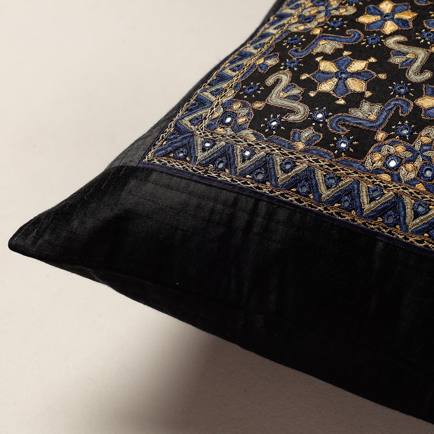 Black - Kutch Pakko Hand Embroidery Mashru Silk Cushion Cover (16 x 16 in)