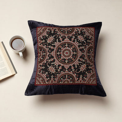 Black - Kutch Neran Hand Embroidery Mashru Silk Cushion Cover (16 x 16 in)