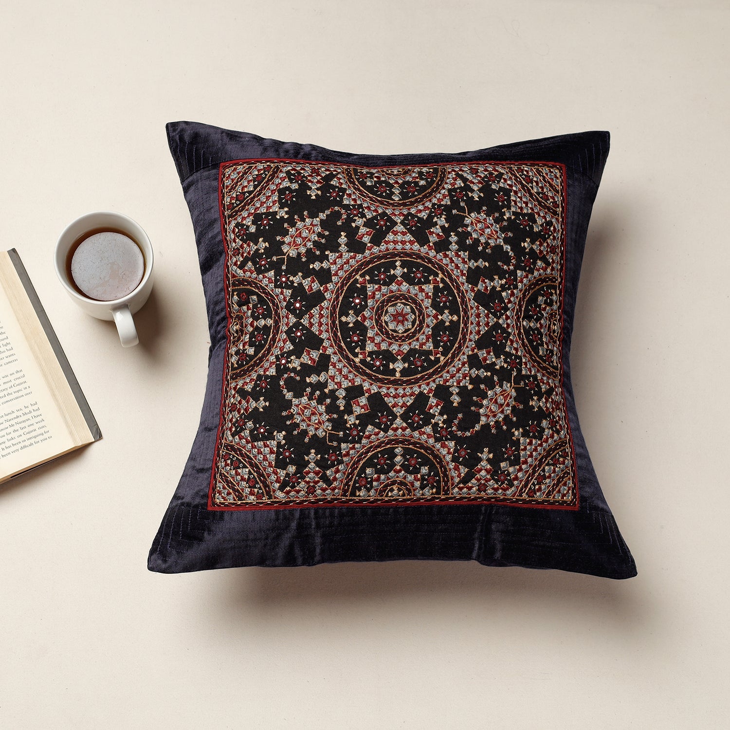Black - Kutch Neran Hand Embroidery Mashru Silk Cushion Cover (16 x 16 in)