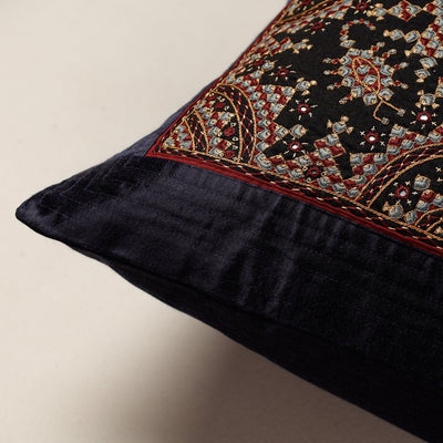 Black - Kutch Neran Hand Embroidery Mashru Silk Cushion Cover (16 x 16 in)