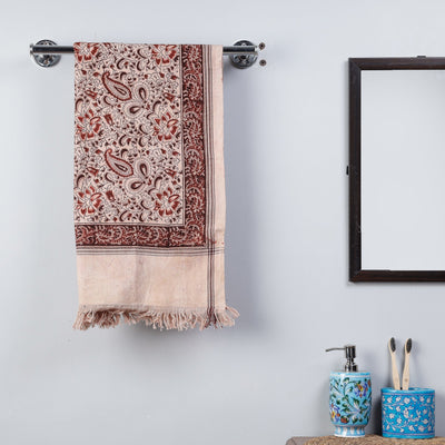 Beige - Pedana Kalamkari Block Printed Handloom Cotton Towel