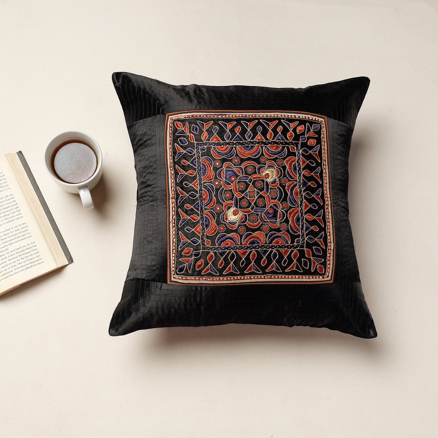 Black - Kutch Pakko Hand Embroidery Mashru Silk Cushion Cover (16 x 16 in)