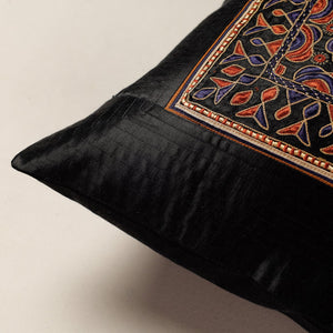 Black - Kutch Pakko Hand Embroidery Mashru Silk Cushion Cover (16 x 16 in)