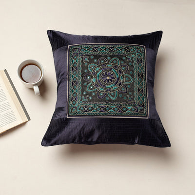 Black - Kutch Pakko Hand Embroidery Mashru Silk Cushion Cover (16 x 16 in)