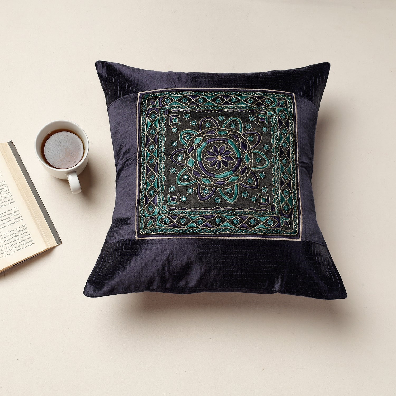 Black - Kutch Pakko Hand Embroidery Mashru Silk Cushion Cover (16 x 16 in)