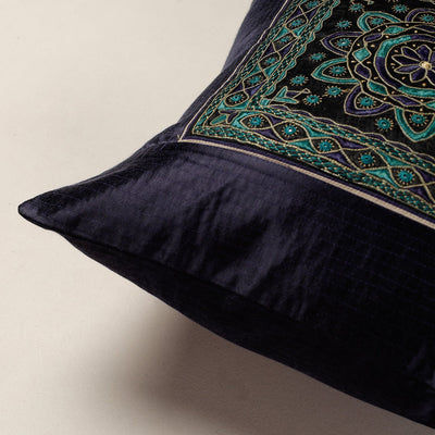 Black - Kutch Pakko Hand Embroidery Mashru Silk Cushion Cover (16 x 16 in)
