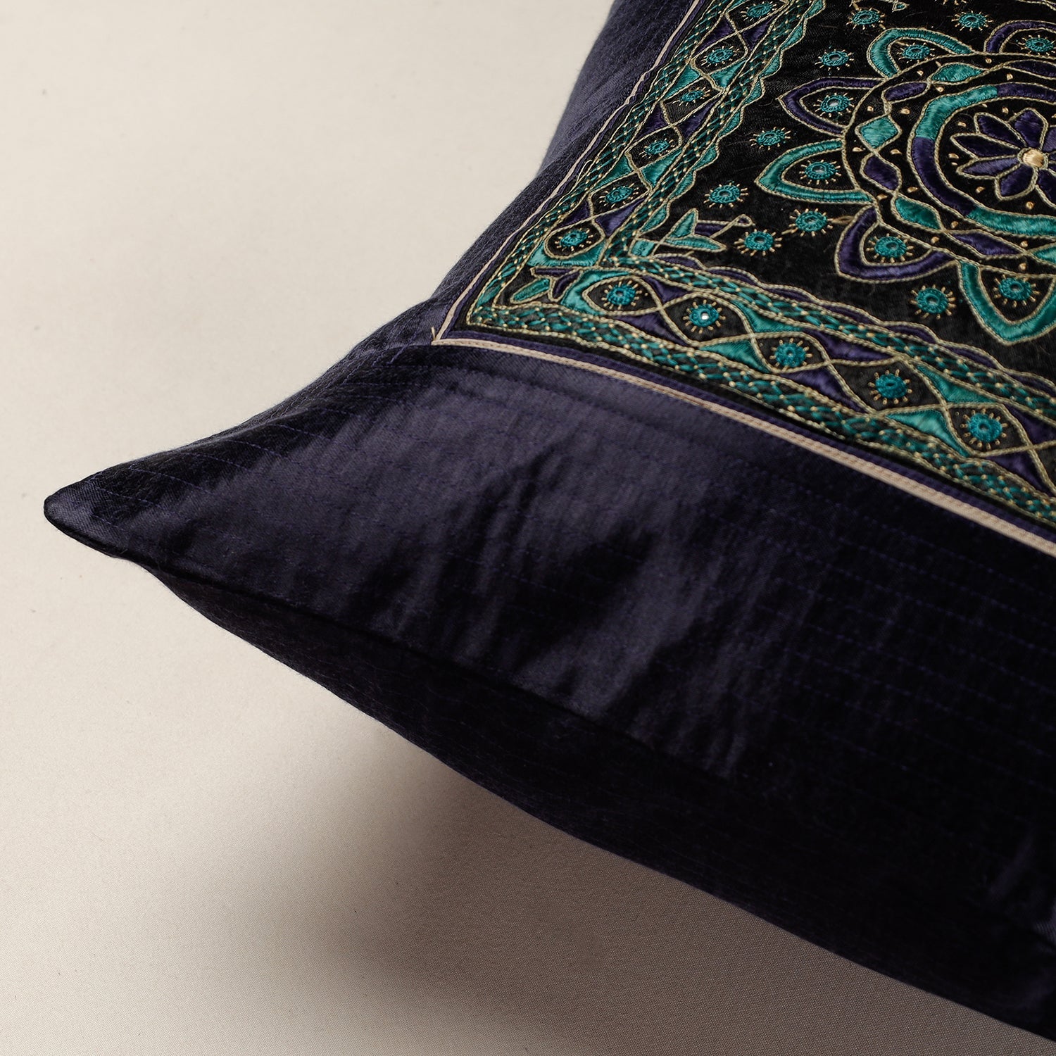 Black - Kutch Pakko Hand Embroidery Mashru Silk Cushion Cover (16 x 16 in)