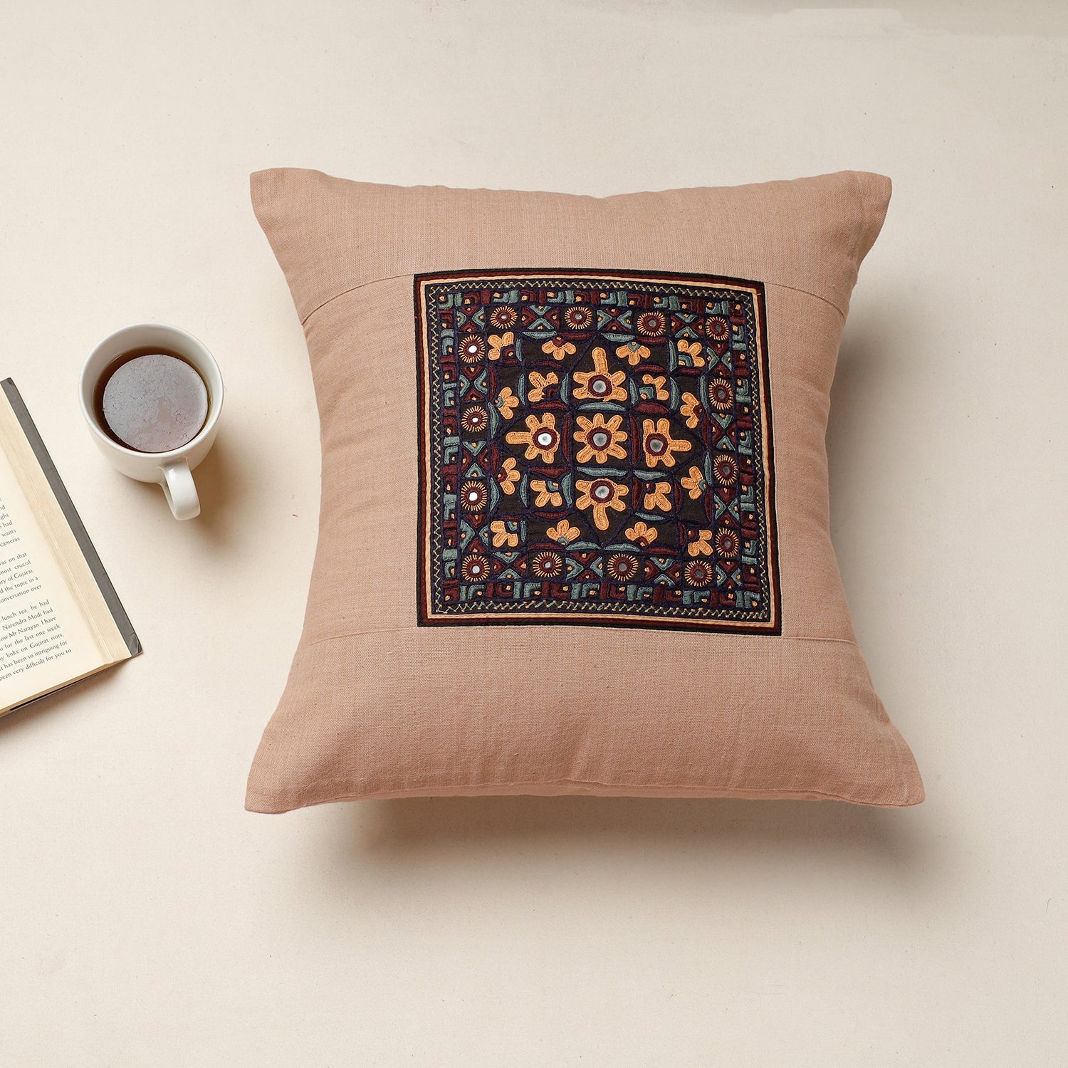 Beige - Kutch Pakko Hand Embroidery Cotton Cushion Cover (16 x 16 in)