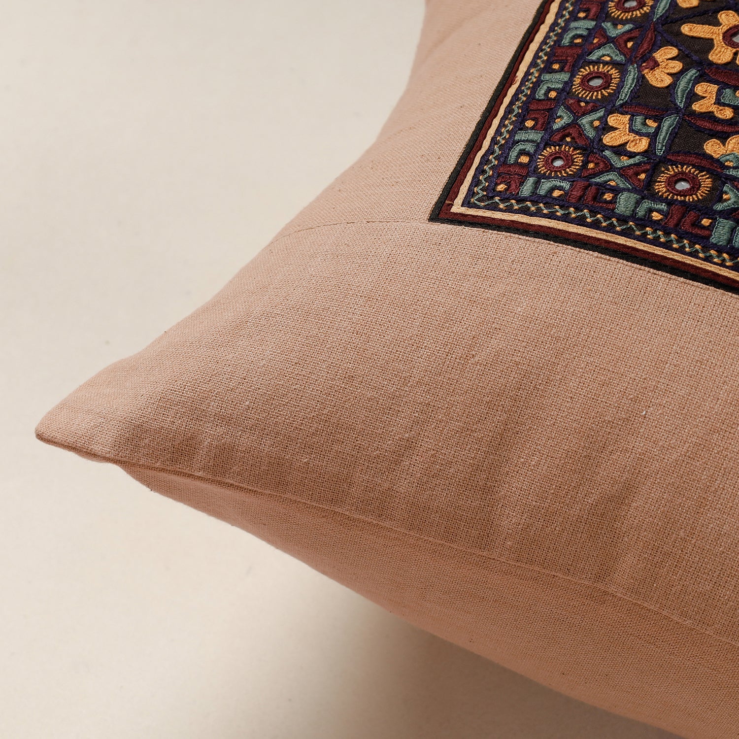 Beige - Kutch Pakko Hand Embroidery Cotton Cushion Cover (16 x 16 in)