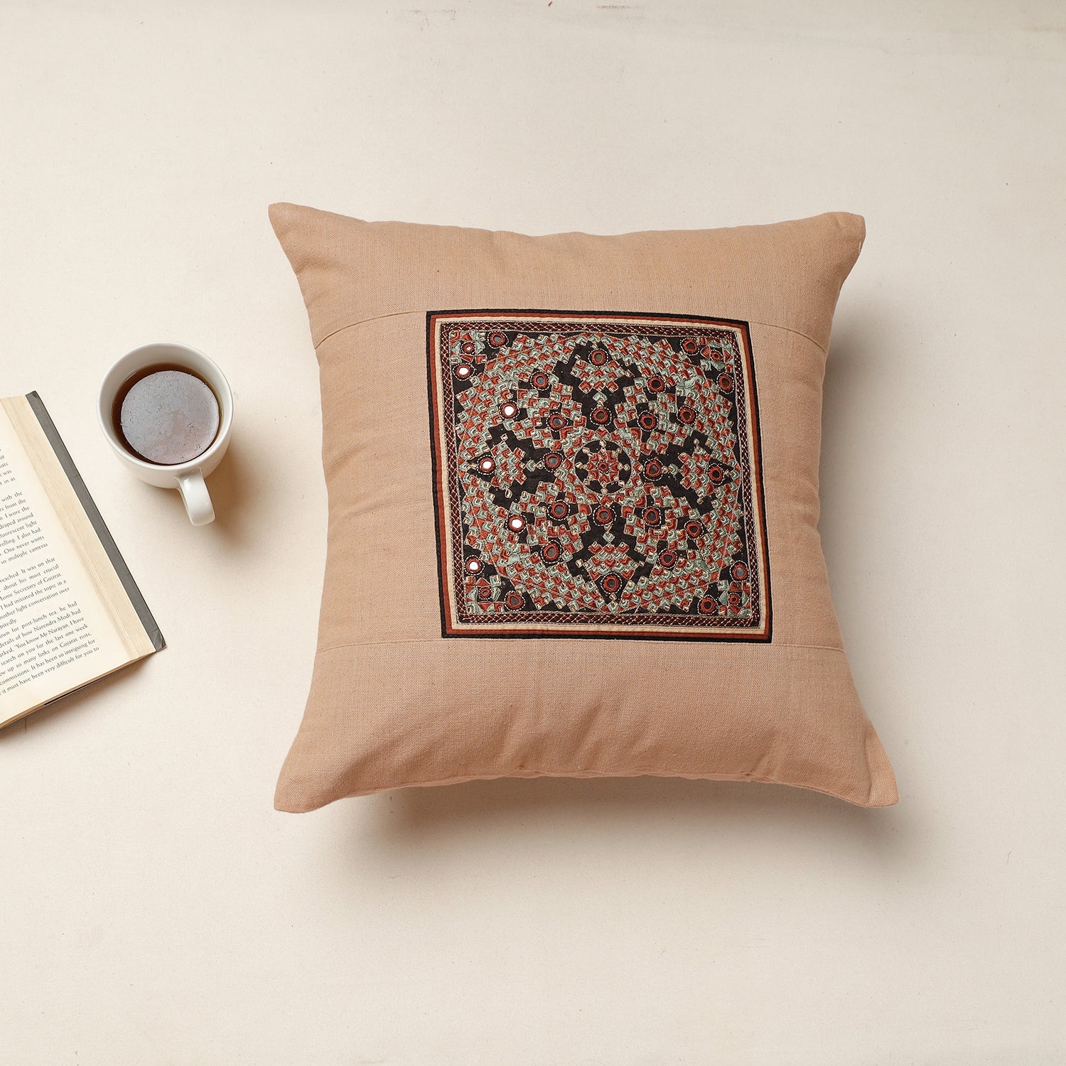 Beige - Kutch Neran Hand Embroidery Cotton Cushion Cover (16 x 16 in)