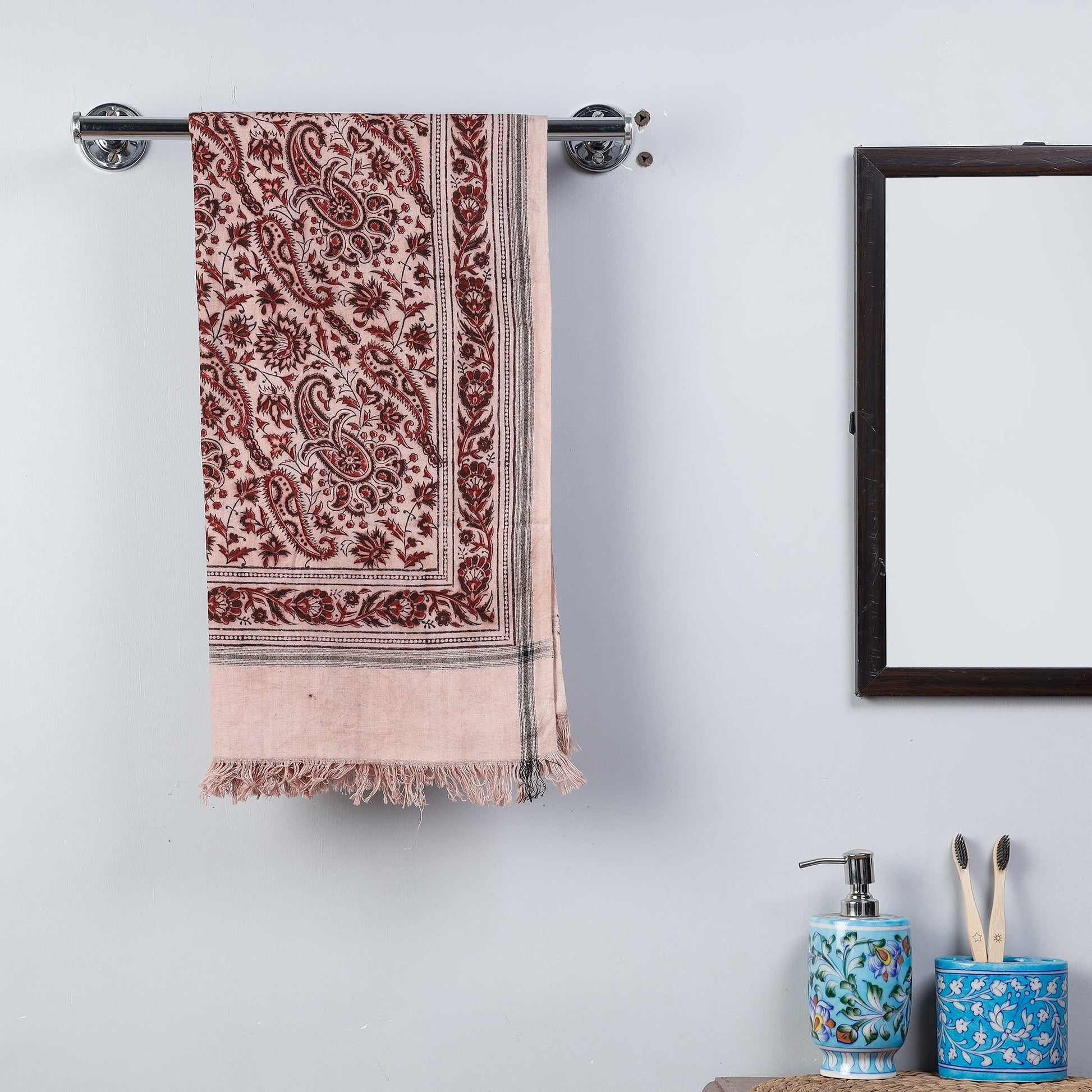 Beige - Pedana Kalamkari Block Printed Handloom Cotton Towel