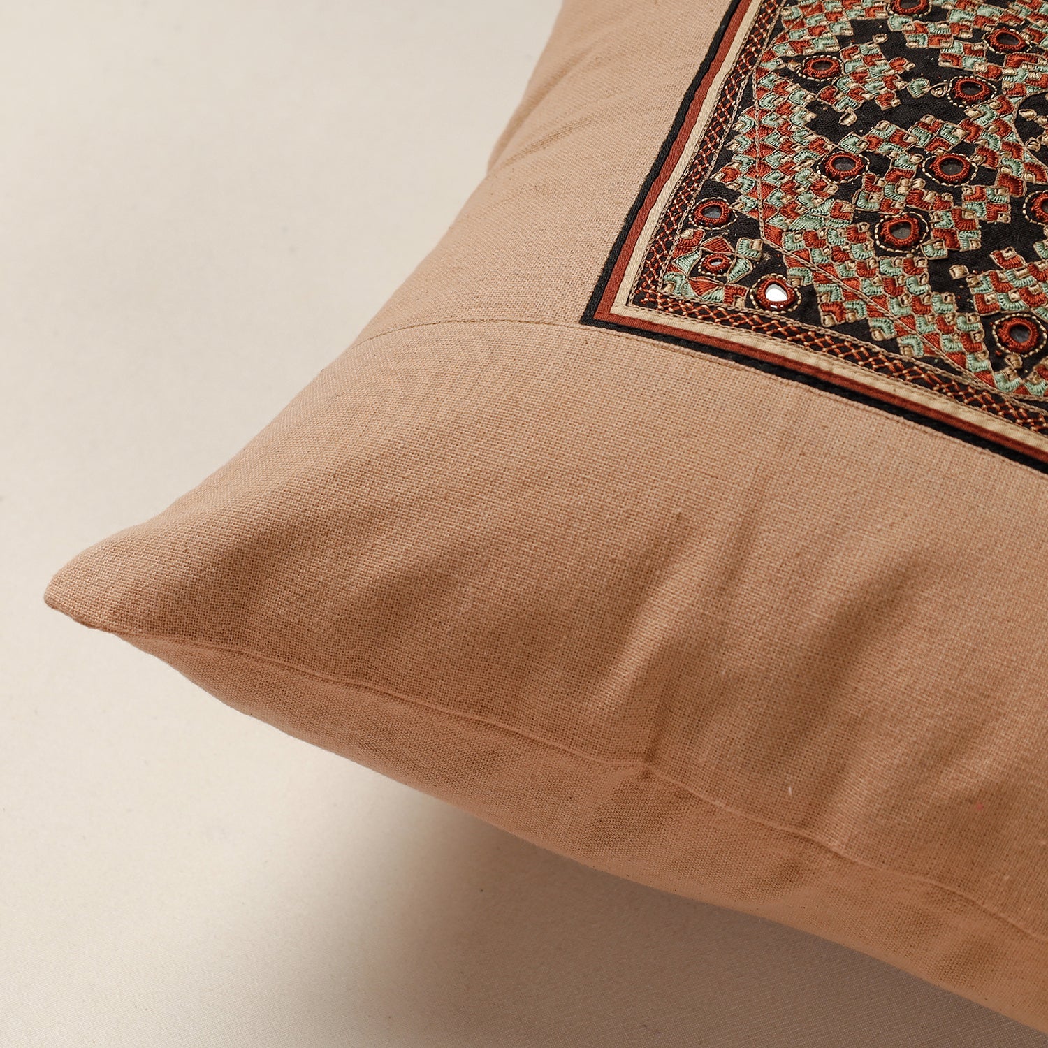 Beige - Kutch Neran Hand Embroidery Cotton Cushion Cover (16 x 16 in)