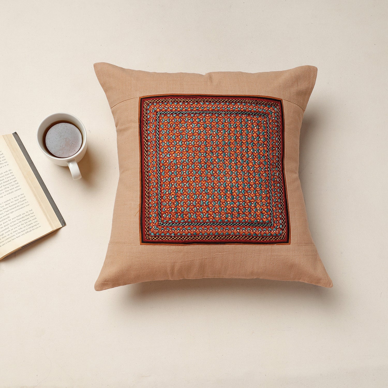 Beige - Kutch Neran Hand Embroidery Cotton Cushion Cover (16 x 16 in)