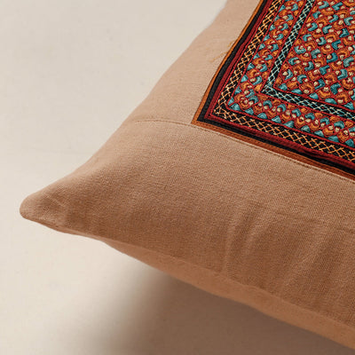 Beige - Kutch Neran Hand Embroidery Cotton Cushion Cover (16 x 16 in)