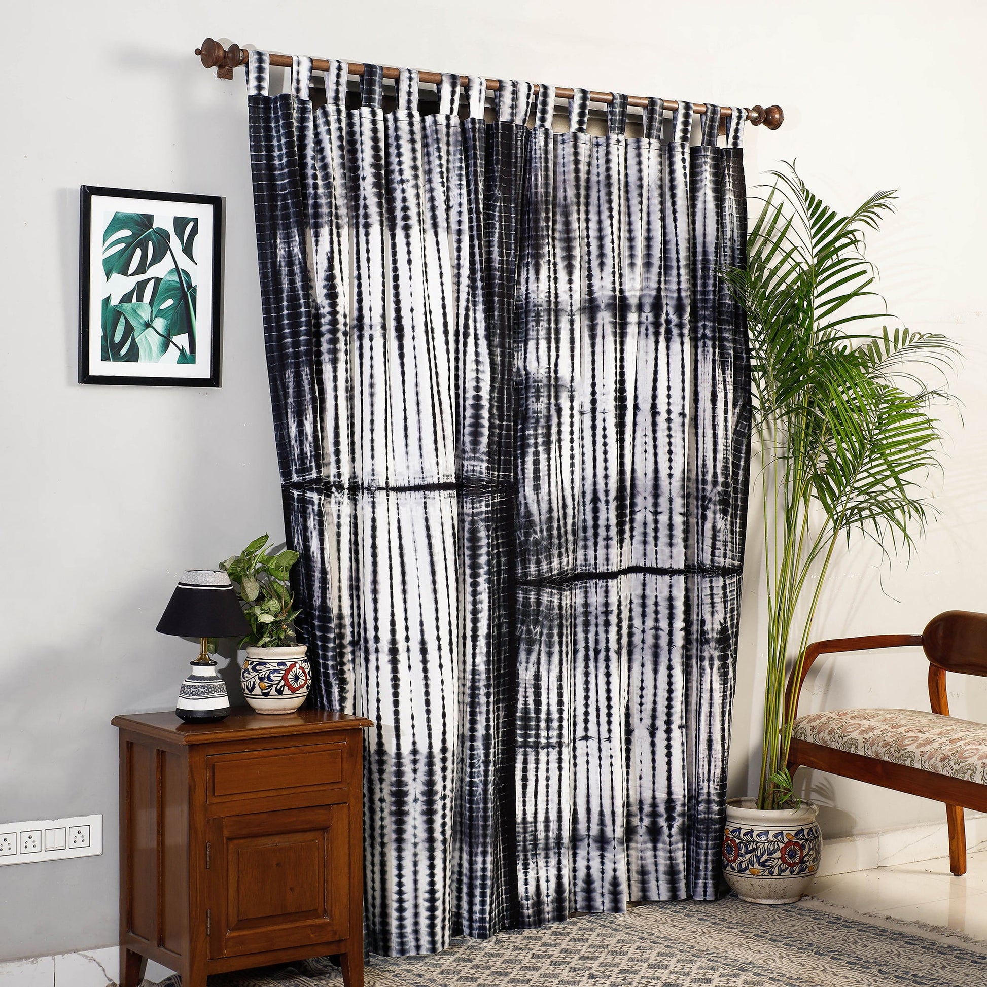 Black - Shibori Tie-Dye Cotton Door Curtain - Set of 2 (6.6 x 4 feet)