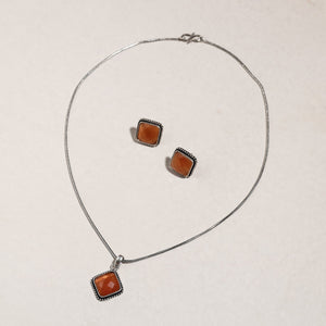 Antique Silver Finish Oxidised Brass Base Stone Work Necklace Set