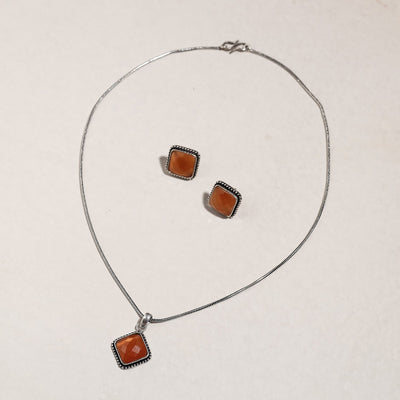 Antique Silver Finish Oxidised Brass Base Stone Work Necklace Set