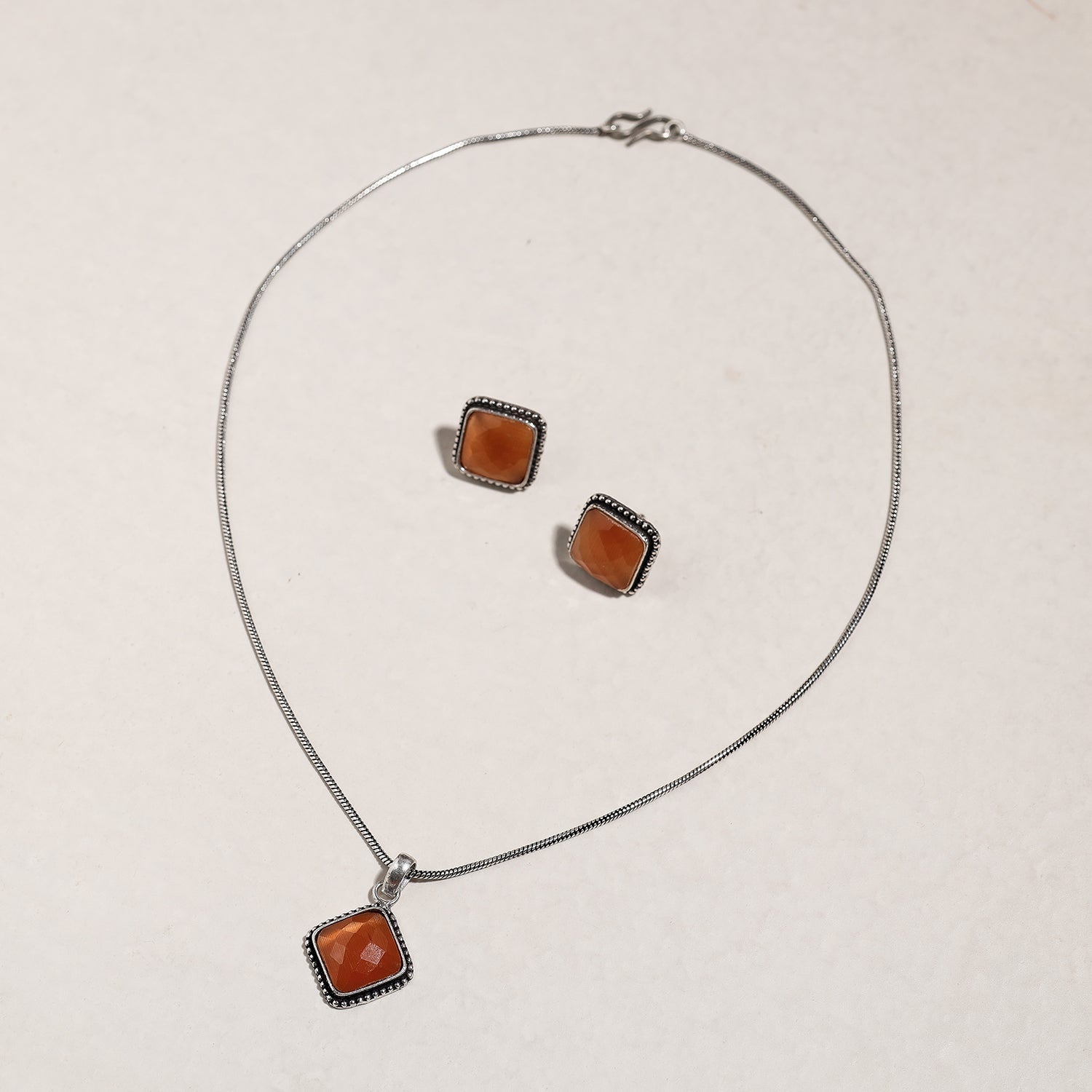 Antique Silver Finish Oxidised Brass Base Stone Work Necklace Set