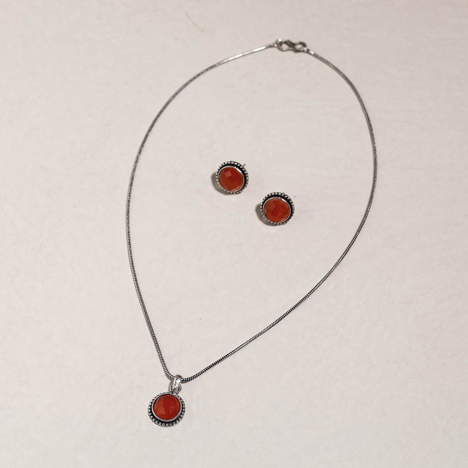 Antique Silver Finish Oxidised Brass Base Stone Work Necklace Set