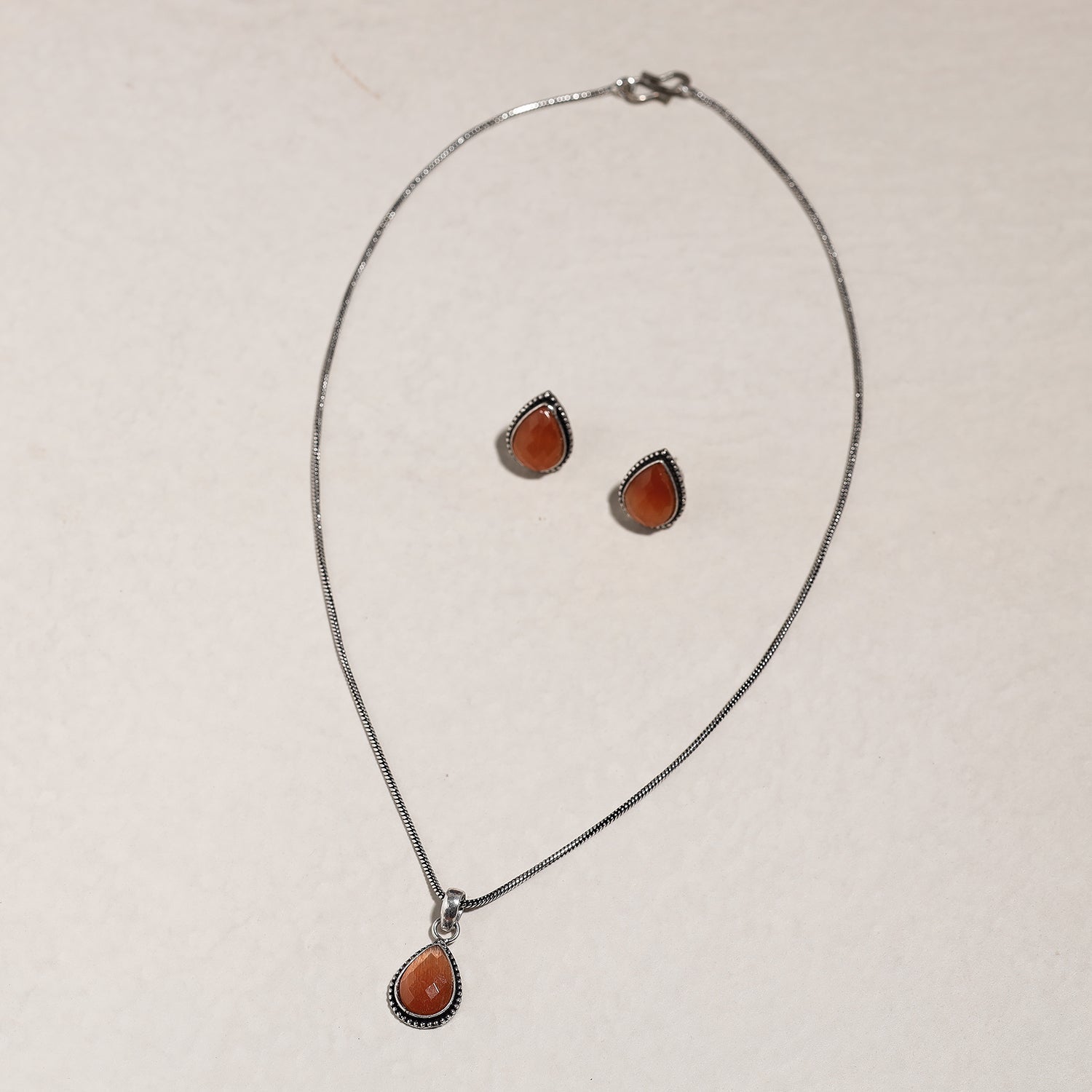 Antique Silver Finish Oxidised Brass Base Stone Work Necklace Set