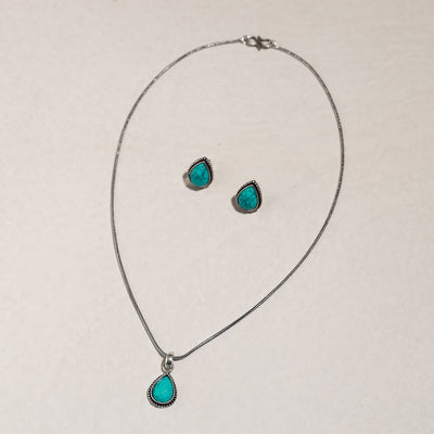 Antique Silver Finish Oxidised Brass Base Stone Work Necklace Set