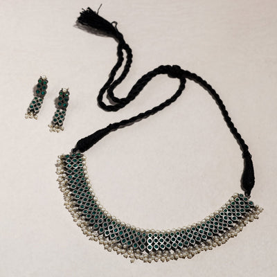 Antique Silver Finish Oxidized Brass Base Stone Work Necklace Set
